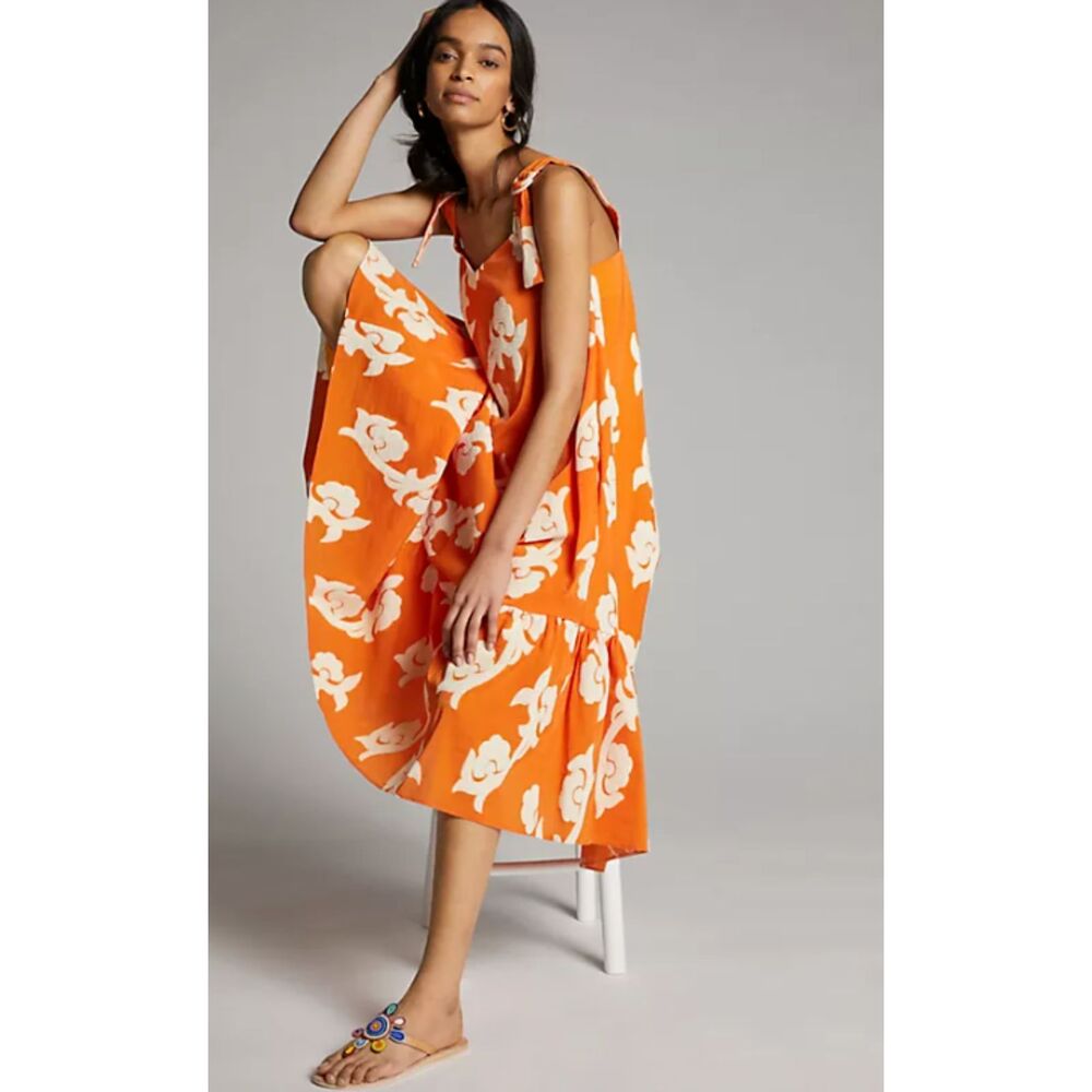 Anthropologie EXQUISE Phoebe Dress Flounced Embroidered Size Medium Orange Midi